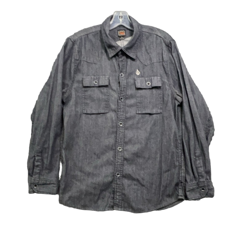 Volcom Havens Chambray Shirt Mens M Long Sleeve Button Up Dark Grey A0531020